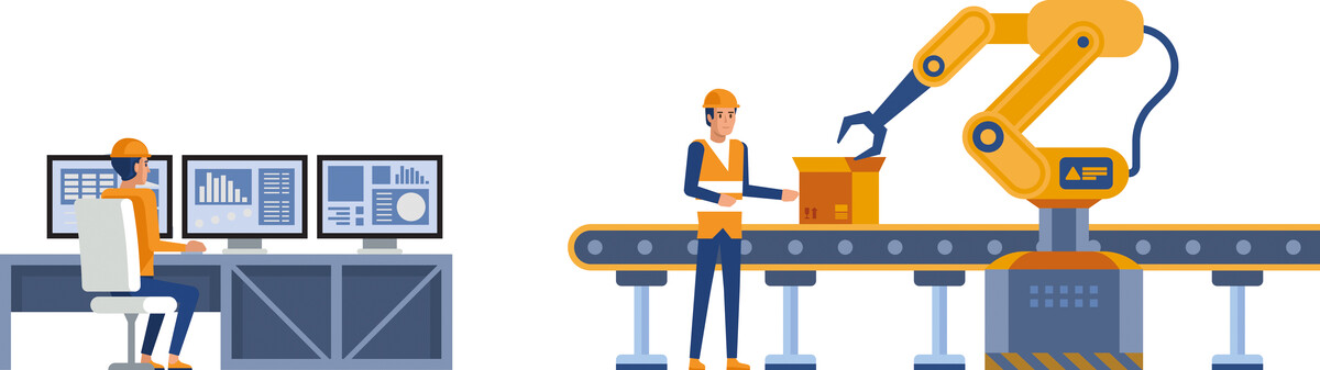 In der Grafik überwacht ein Arbeiter drei Monitore und ein Arbeiter steht an einem Produktionsband mit Paket und Roboterarm.