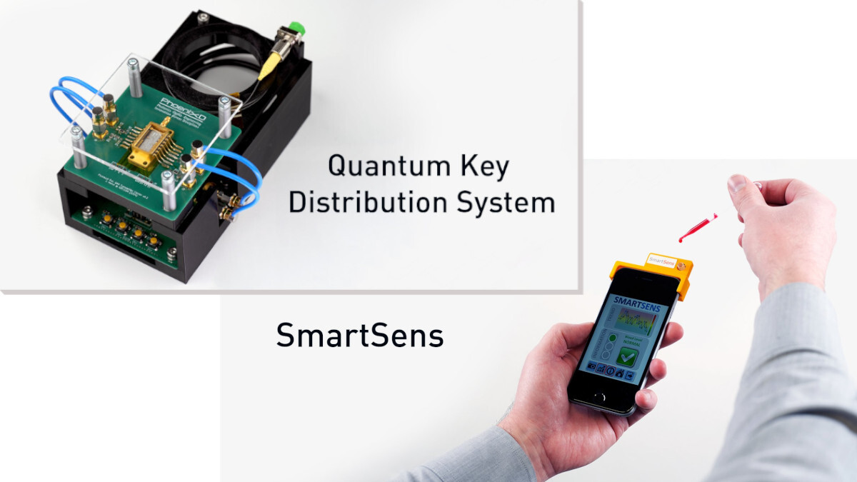 Die Collage zeigt einen kompakten schwarzen Kasten mit einem Chip und Kabeln als Quantum Key Distribution System. Für SmartSens hält eine Hand ein Smartphone mit gelbem Aufsatz auf der oberen Kante. Die andere Hand tropft eine rote Flüssigkeit aus einer Pipette auf den Aufsatz.