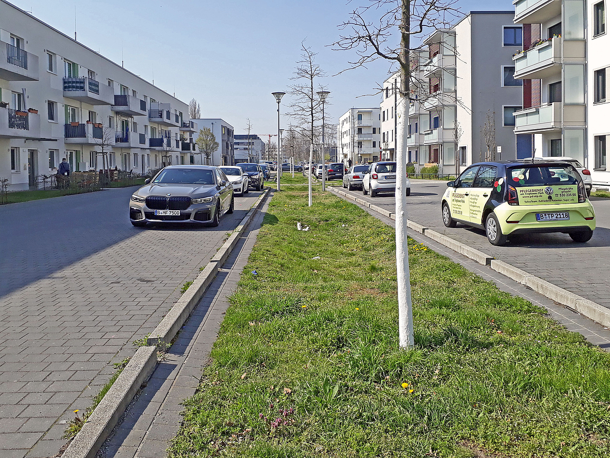 In der Mitte einer breiten Wohnstraße mit Mehrfamilienhäusern und Parkplätzen am Straßenrand befindet sich ein Grünstreifen mit Bäumen.