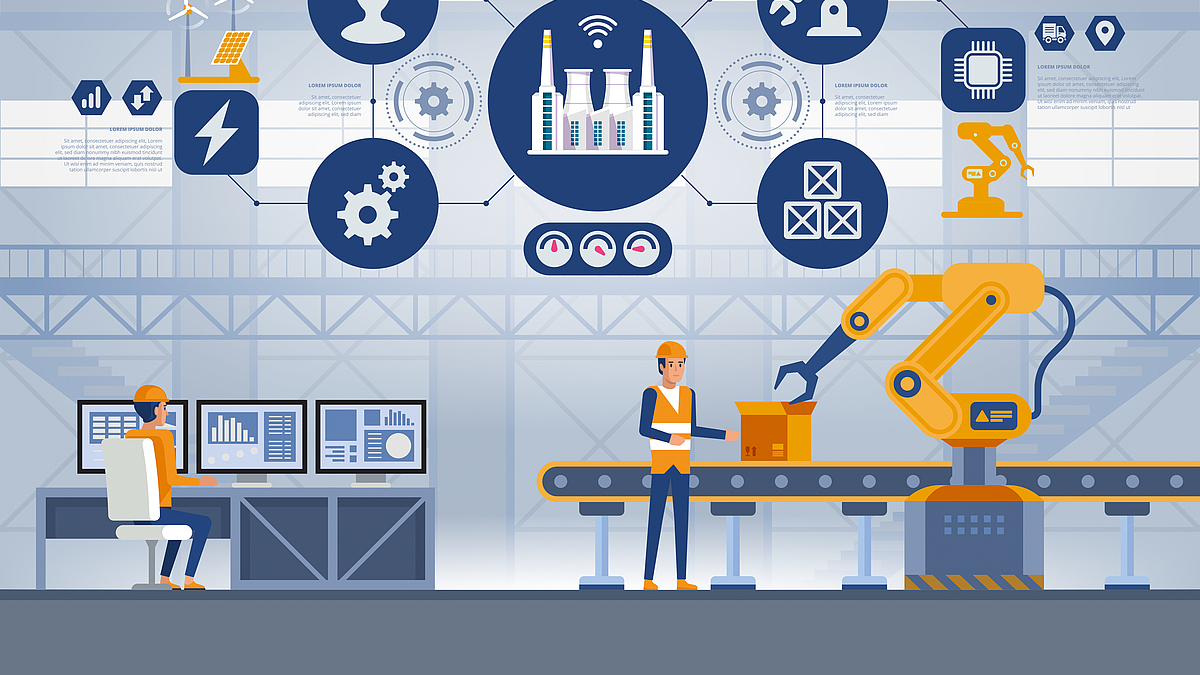 Die Grafik zeigt eine Montagehalle mit zwei Arbeitern und Symbolen der smarten Industrie.