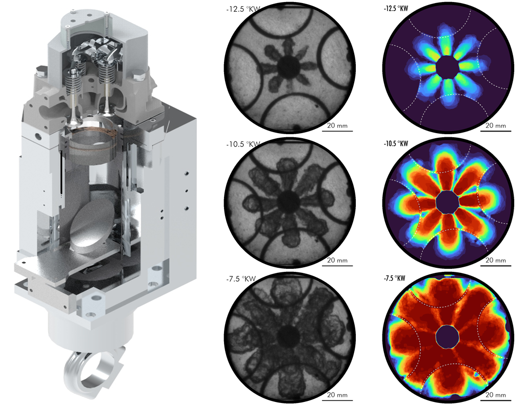 Der Motor ist mit offener Brennkammer dargestellt. Daneben sind je drei runde schwarzweiße und thermografische Zeitaufnahmen, in denen sich acht Flammen blütenförmig ausbreiten.